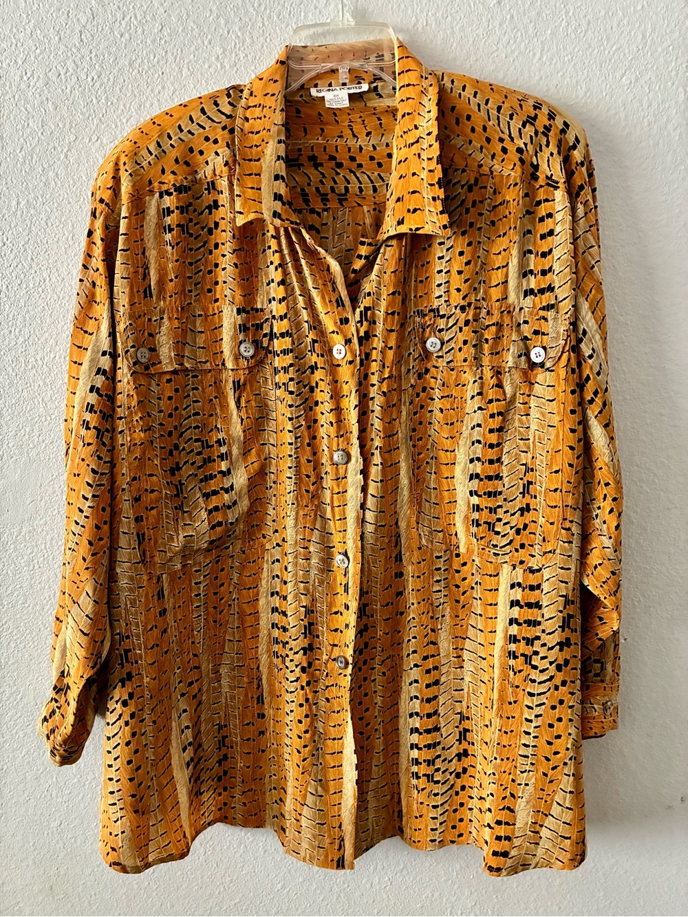Regina Porter 2XL 💯 Silk Pheasant Feather Print Button-Down Shirt Cargo Pockets